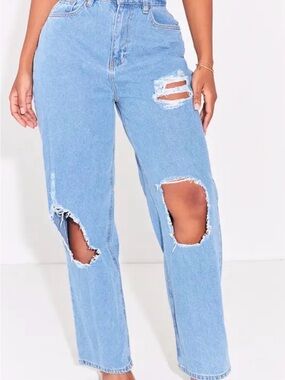 PrettyLittleThing Light Blue Distressed Straight-Leg Jeans